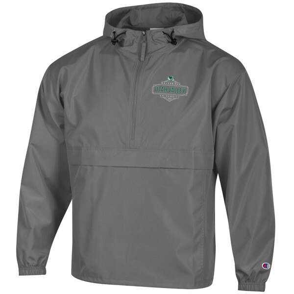 graphite windbreaker jacket that packs into its own pocket for easy transportation, with a small Utah Valley design on the left chest